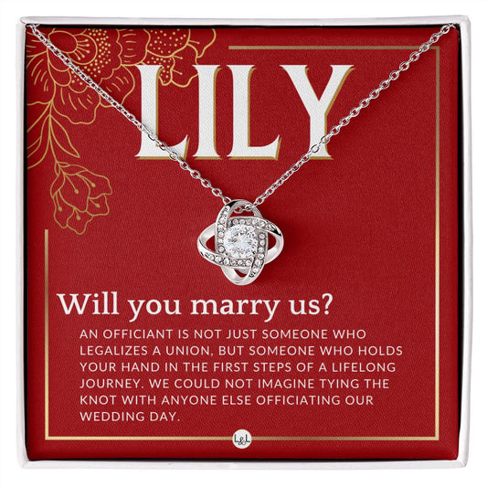 Wedding Officiant Proposal, Custom Name - Female Officiant, Vow Renewal - Will You Marry Us Necklace - Red and Gold Wedding Theme