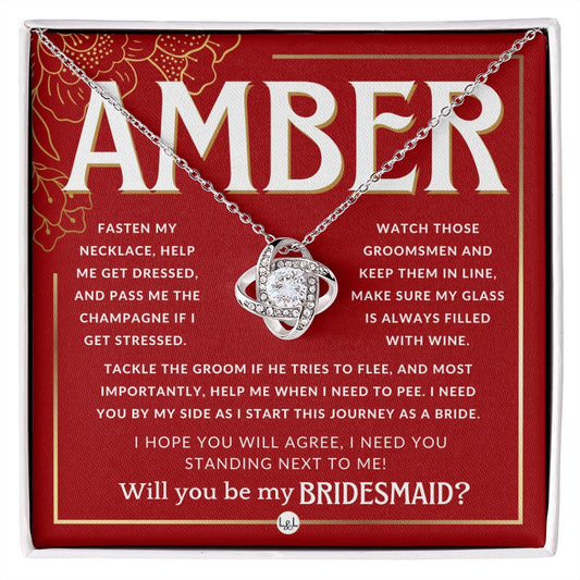 Bridesmaid Proposal, Custom Name- Wedding Party Jewelry Accessories From Bride - Will You Be Necklace - Red and Gold Wedding Theme