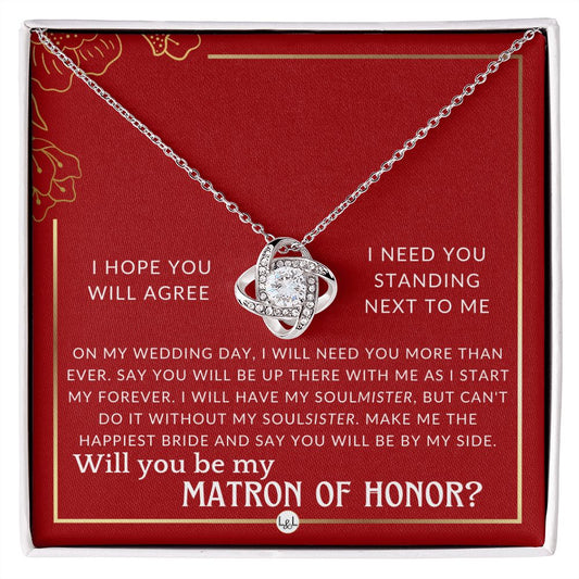 Matron of Honor Proposal Gift - Be My MOH Gift From Bride - By My Side - Wedding Party Accessory Necklace - Red and Gold Wedding Theme - Liliana and Liam