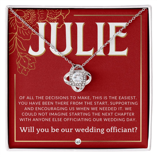 Wedding Officiant Proposal, Custom Name - Female Officiant, Vow Renewal - Of All The Decisions Necklace - Red and Gold Wedding Theme
