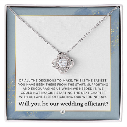Wedding Officiant Proposal - Female Wedding Officiant, Pastor, Celebrants - Of All The Decisions , Dusty Blue And Gold Wedding Theme - Liliana and Liam