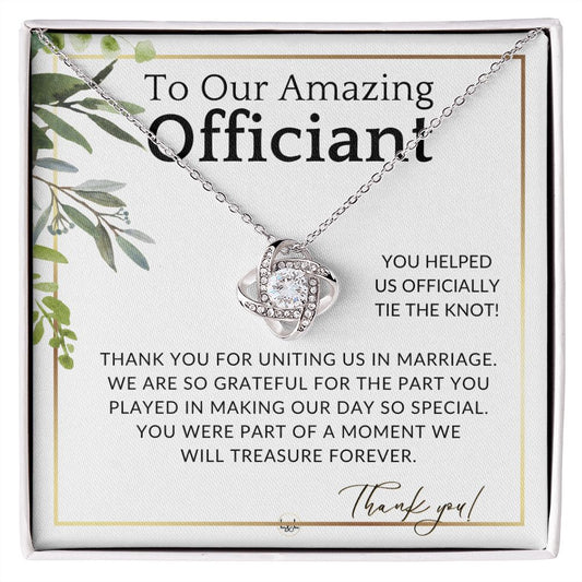 Gratitude and Appreciation - Elegant Knot Pendent Necklace - Gift For Female Wedding Officiant, Pastor - Eucalyptus Theme - Liliana and Liam