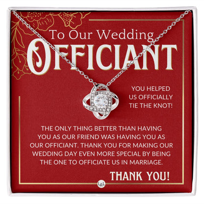 Thank You For Marrying Us - Elegant Knot Pendent Necklace - Gift For Female Wedding Officiant, Pastor - Red and Gold Theme - Liliana and Liam