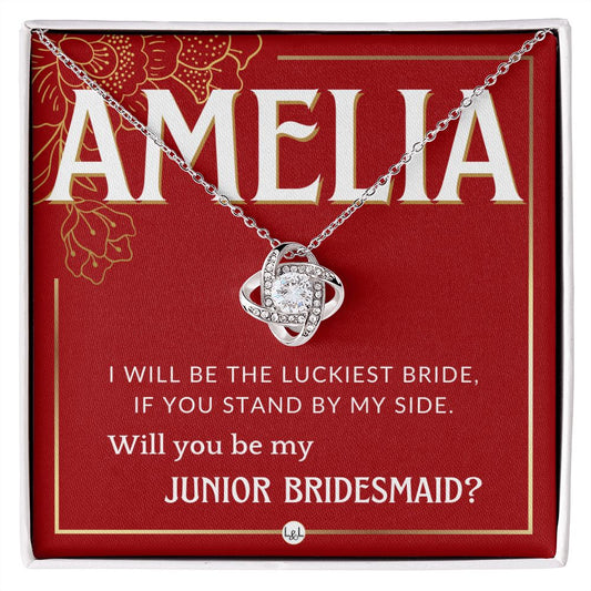 Junior Bridesmaid Proposal, Custom Name - Great Wedding Party Gift From Bride - Be By My Side Necklace - Red and Gold Wedding Theme