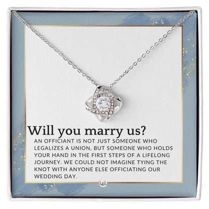 Wedding Officiant Proposal - Female Wedding Officiant, Pastor, Celebrants - Will You Marry Us , Dusty Blue And Gold Wedding Theme - Liliana and Liam