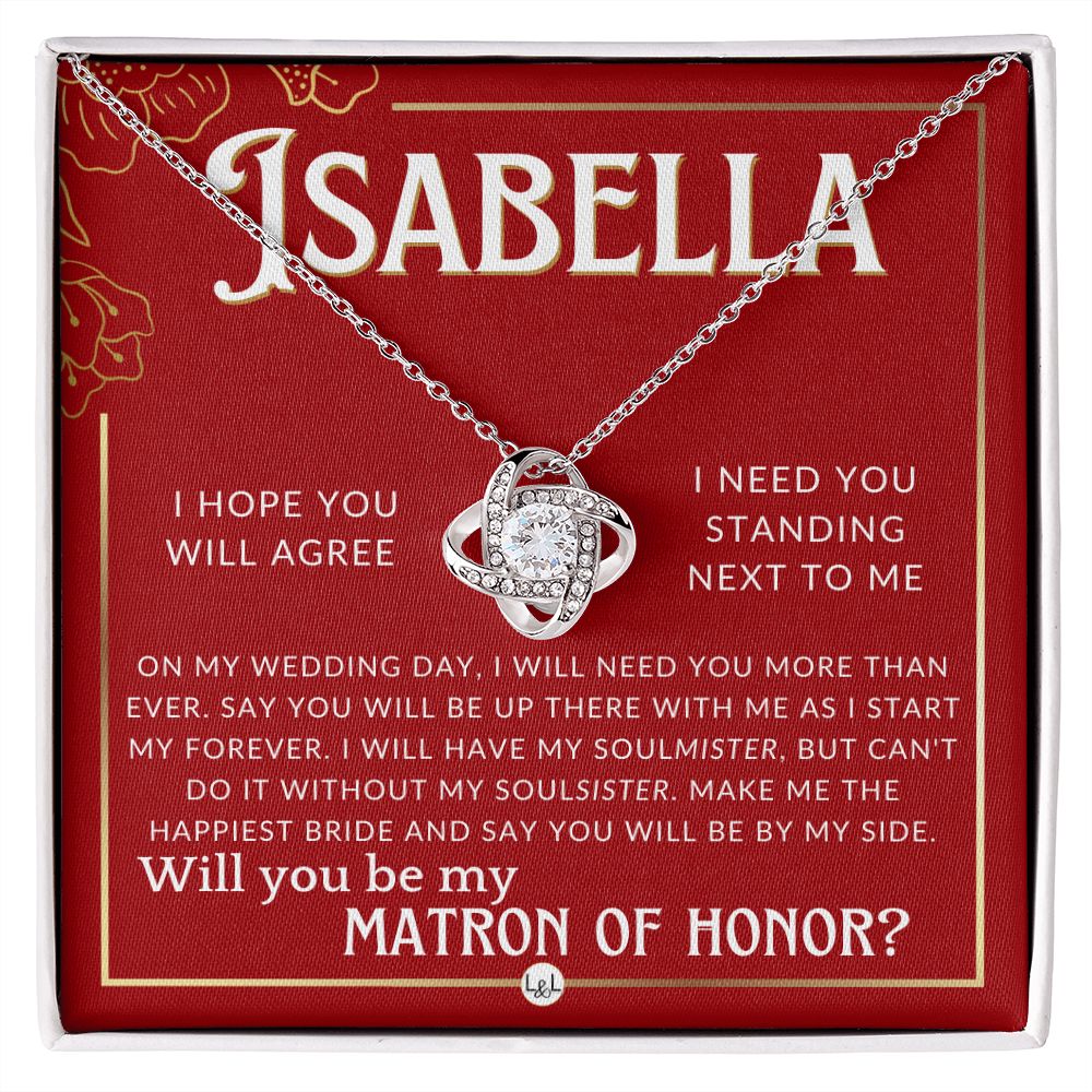 Matron of Honor Proposal Gift, Custom Name, Be My MOH Gift From Bride, By My Side Wedding Party Necklace - Red and Gold Wedding Theme