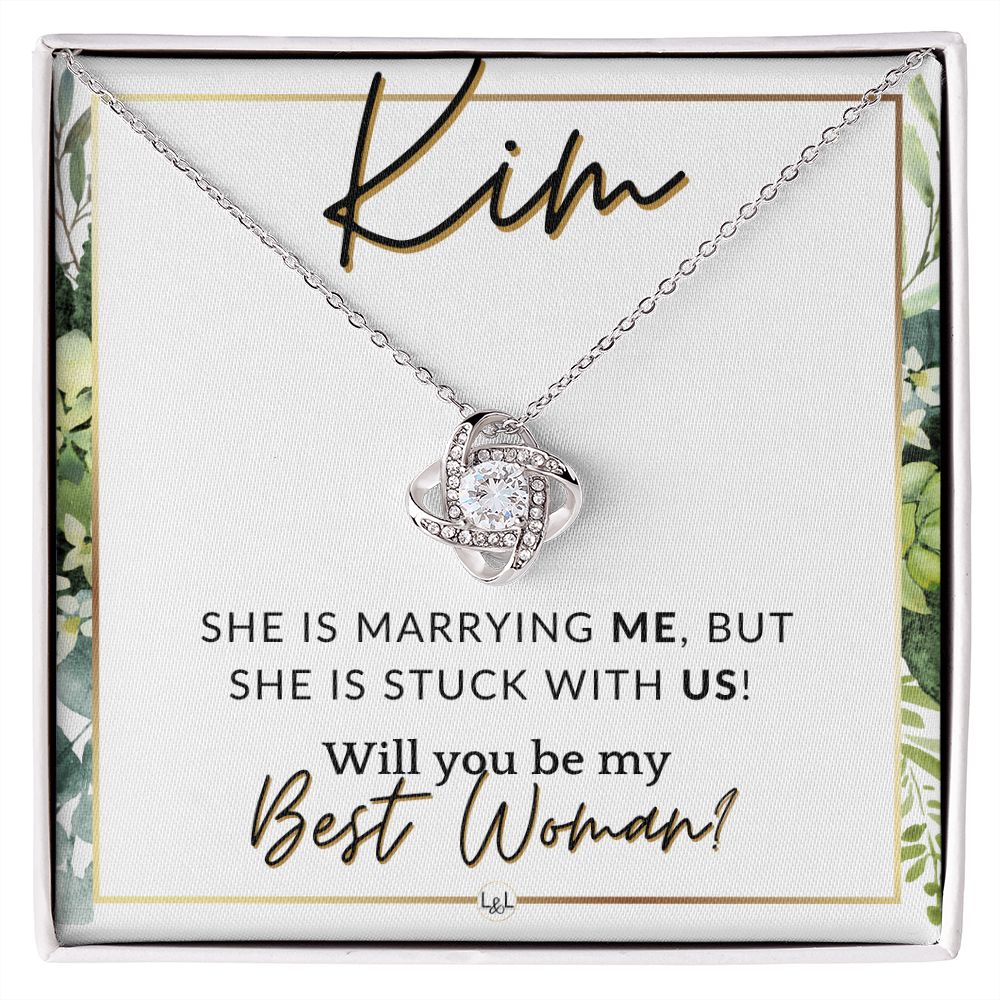 Best Woman Proposal, Custom Name - Wedding Party Necklace Gift From Groom - Be My Best Woman , White and Green, Eucalyptus Wedding