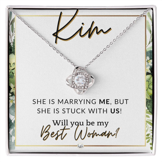 Best Woman Proposal, Custom Name - Wedding Party Necklace Gift From Groom - Be My Best Woman , White and Green, Eucalyptus Wedding