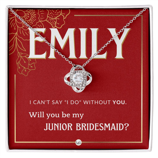 Junior Bridesmaid Proposal, Custom Name - Wedding Party Gift From Bride - Be My Jr. Bridesmaid Necklace - Red and Gold Wedding Theme