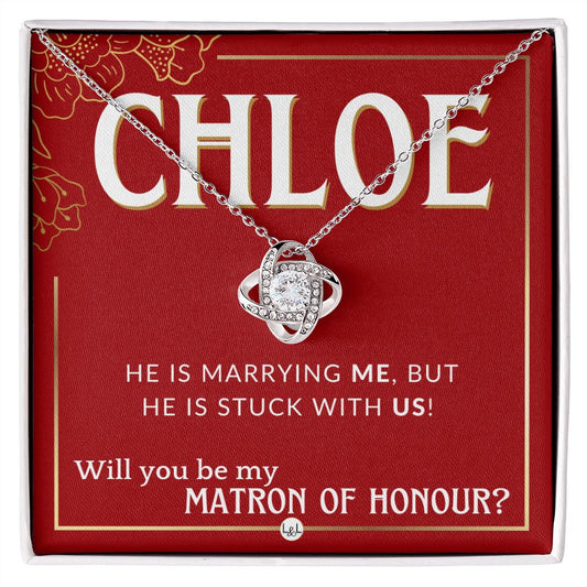 Matron of Honour Proposal Gift, Custom Name - Unique Be My MOH Gift From Bride - Stuck With Us Necklace - Red and Gold Wedding Theme
