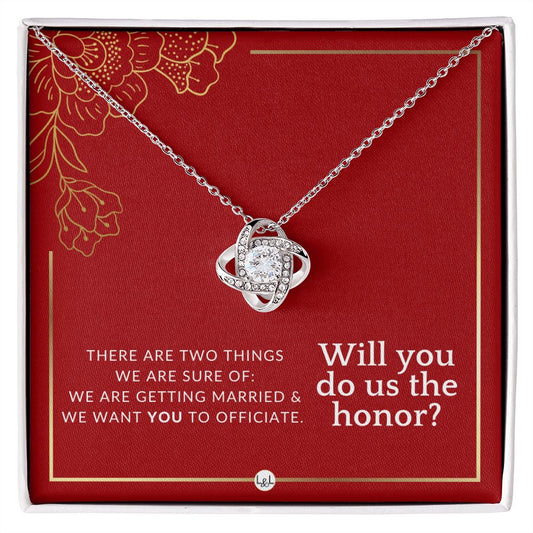 Wedding Officiant Proposal - Female Wedding Officiant, Pastor, Celebrants - Do Us The Honor Necklace - Red and Gold Wedding Theme - Liliana and Liam