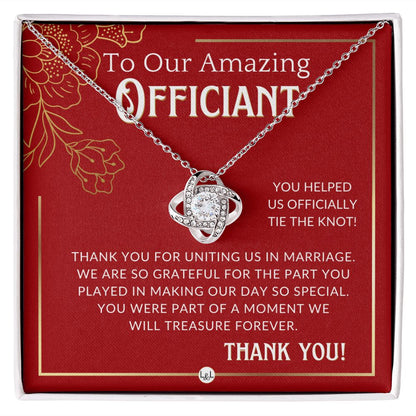 Gratitude and Appreciation - Elegant Knot Pendent Necklace - Gift For Female Wedding Officiant, Pastor - Red and Gold Theme - Liliana and Liam