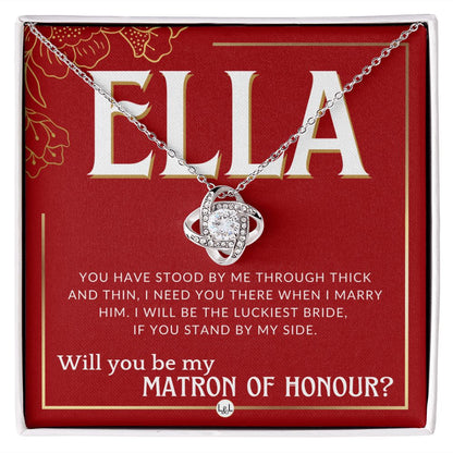 Matron of Honour Proposal Gift, Custom Name- Be My MOH Gift From Bride- Through Thick and Thin Necklace - Red and Gold Wedding Theme