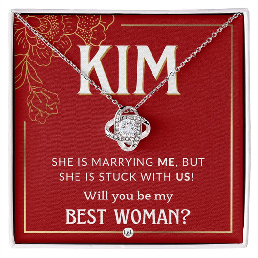 Best Woman Proposal, Custom Name - Wedding Party Necklace Gift From Groom - Be My Best Woman Necklace - Red and Gold Wedding Theme