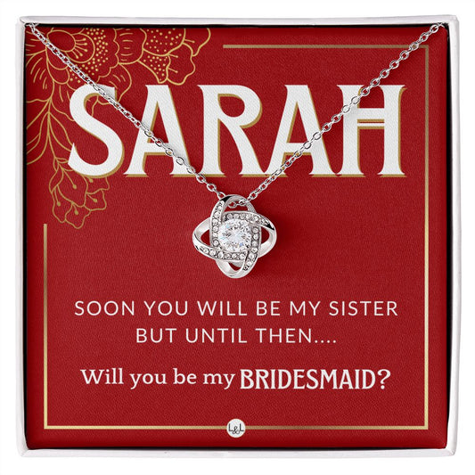 Bridesmaid Proposal, Custom Name - Will You Be My Bridesmaid, Sister in Law - Wedding Party Necklace - Red and Gold Wedding Theme