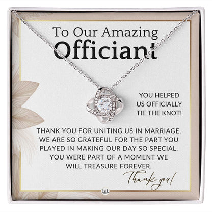 Gratitude and Appreciation - Elegant Knot Pendent Necklace - Gift For Female Wedding Officiant, Pastor - Pink Floral and Boho Theme - Liliana and Liam