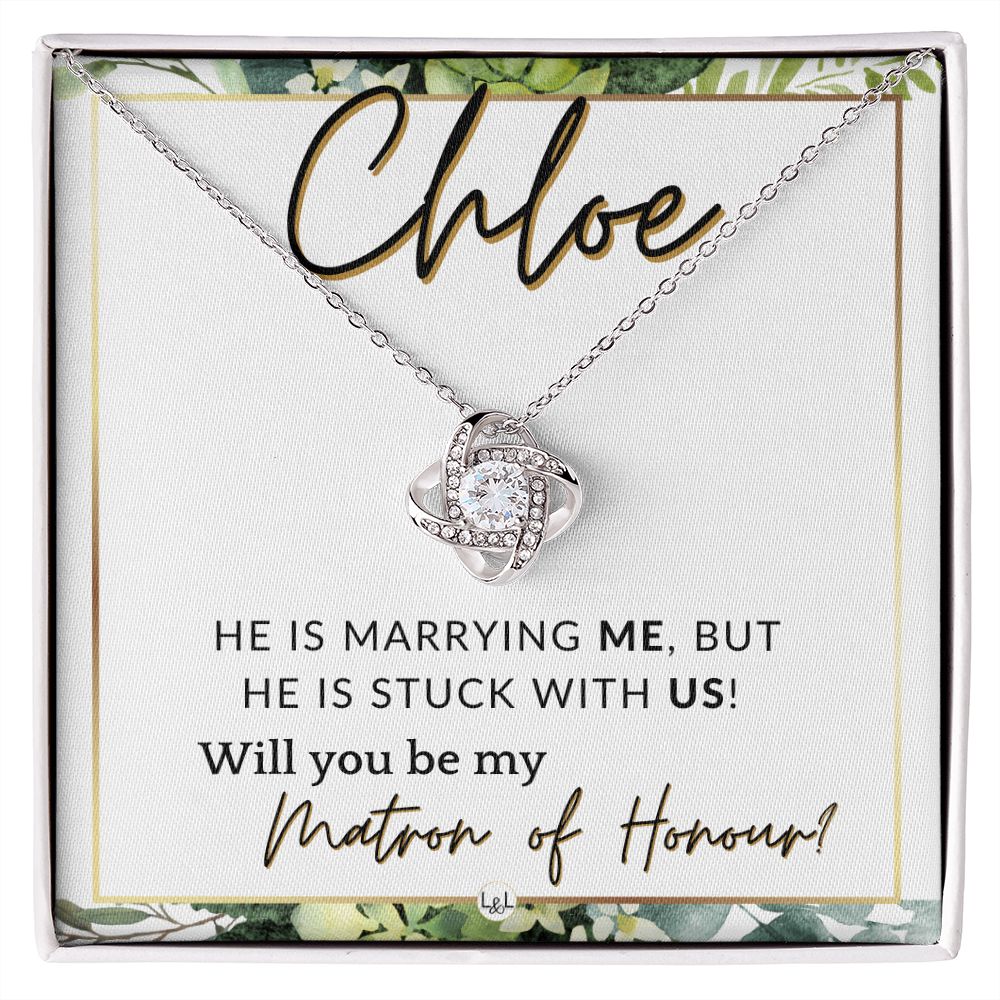 Matron of Honour Proposal Gift, Custom Name - Unique Be My MOH Gift From Bride - Stuck With Us , White and Green, Eucalyptus Wedding
