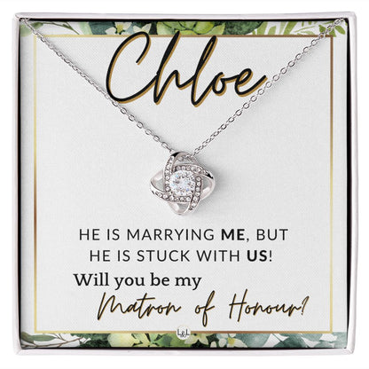 Matron of Honour Proposal Gift, Custom Name - Unique Be My MOH Gift From Bride - Stuck With Us , White and Green, Eucalyptus Wedding