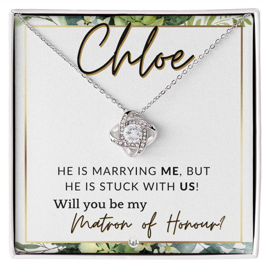 Matron of Honour Proposal Gift, Custom Name - Unique Be My MOH Gift From Bride - Stuck With Us , White and Green, Eucalyptus Wedding