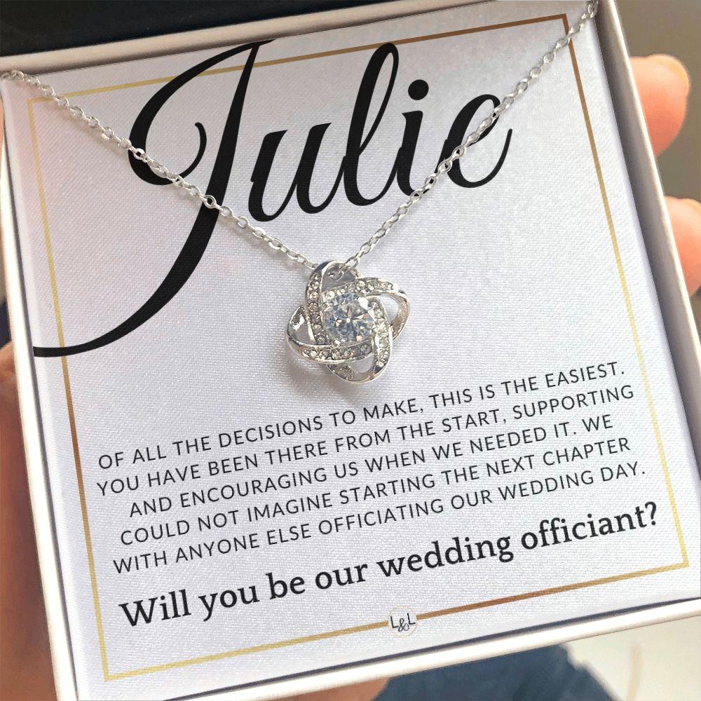 Wedding Officiant Proposal - Of All The Decisions - Custom Name - Elegant White and Gold Wedding Theme
