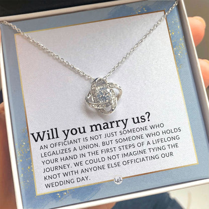 Wedding Officiant Proposal - Female Wedding Officiant, Pastor, Celebrants - Will You Marry Us , Dusty Blue And Gold Wedding Theme - Liliana and Liam