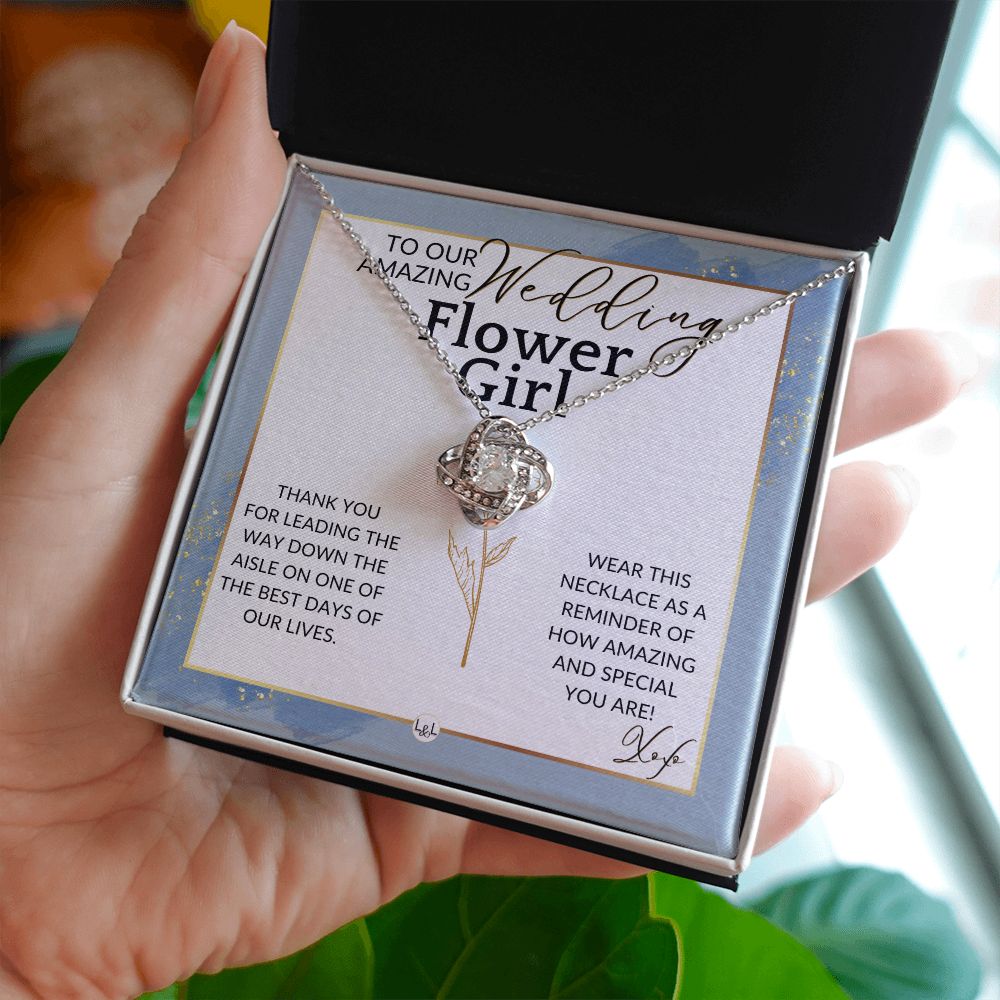 Flower Girl Necklace - Wedding Party Thank You Gift - Gratitude Gift, Token of Appreciation , Dusty Blue And Gold Wedding Theme