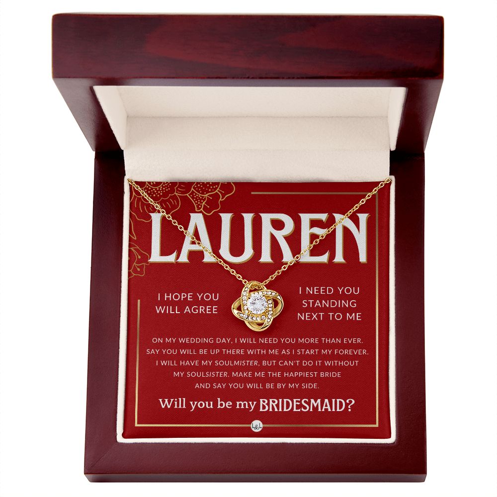 Bridesmaid Proposal, Custom Name- Wedding Party Jewelry Accessories From Bride - Be By My Side Necklace - Red and Gold Wedding Theme