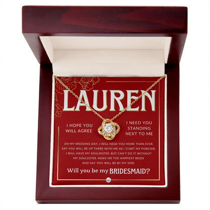 Bridesmaid Proposal, Custom Name- Wedding Party Jewelry Accessories From Bride - Be By My Side Necklace - Red and Gold Wedding Theme