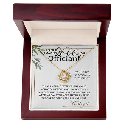 Thank You For Marrying Us - Elegant Knot Pendent Necklace - Gift For Female Wedding Officiant, Pastor - Eucalyptus Theme - Liliana and Liam