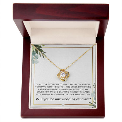 Wedding Officiant Proposal - Female Wedding Officiant, Pastor, Celebrants - Of All The Decisions , White and Green, Eucalyptus Wedding - Liliana and Liam