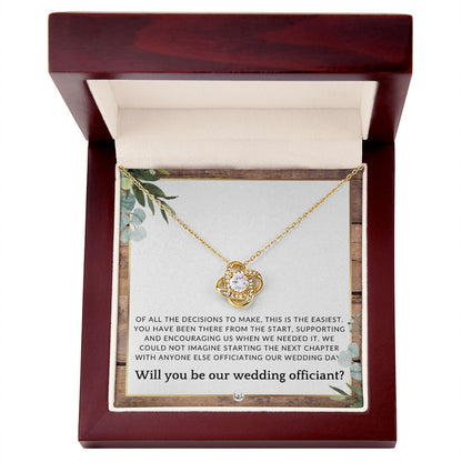 Wedding Officiant Proposal - Female Wedding Officiant, Pastor, Celebrants - Of All The Decisions , Rustic and Wood Wedding Theme - Liliana and Liam