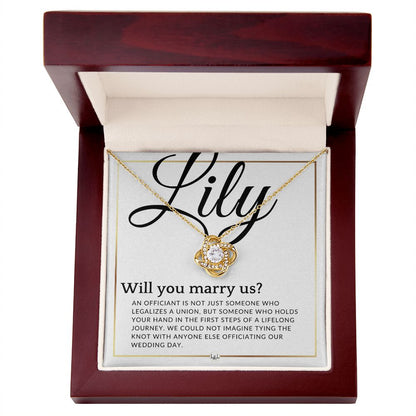 Wedding Officiant Proposal - For Female Officiant -  Will You Marry Us - Custom Name - Elegant White and Gold Wedding Theme