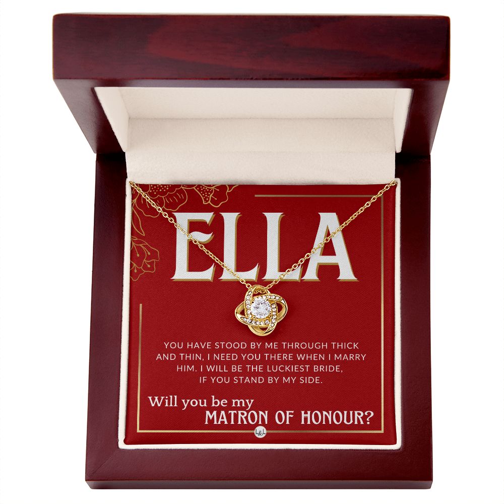 Matron of Honour Proposal Gift, Custom Name- Be My MOH Gift From Bride- Through Thick and Thin Necklace - Red and Gold Wedding Theme