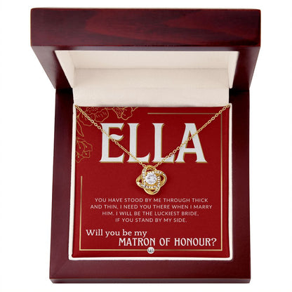 Matron of Honour Proposal Gift, Custom Name- Be My MOH Gift From Bride- Through Thick and Thin Necklace - Red and Gold Wedding Theme
