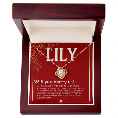 Wedding Officiant Proposal, Custom Name - Female Officiant, Vow Renewal - Will You Marry Us Necklace - Red and Gold Wedding Theme