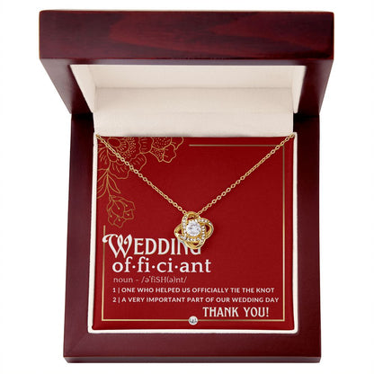 Thank You For Marrying Us - Elegant Knot Pendent Necklace - Gift For Female Wedding Officiant, Pastor - Red and Gold Theme - Liliana and Liam