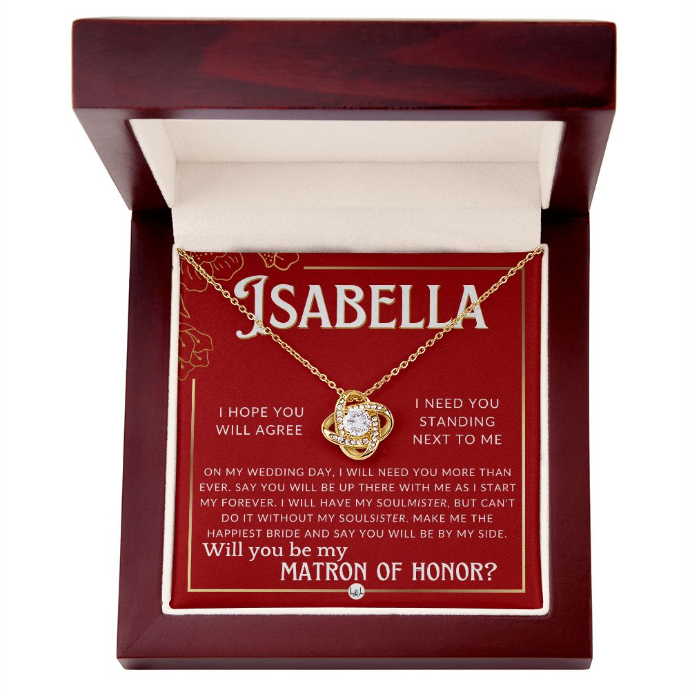 Matron of Honor Proposal Gift, Custom Name, Be My MOH Gift From Bride, By My Side Wedding Party Necklace - Red and Gold Wedding Theme