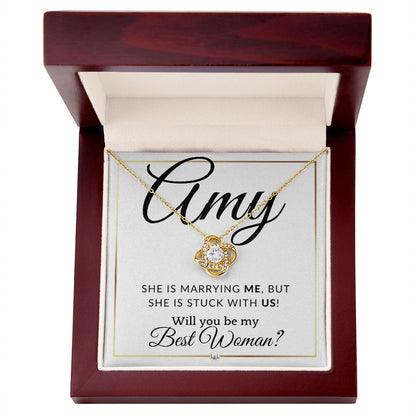 Best Woman Proposal - Wedding Party Necklace - Gift From Groom - Will You Be My Best Woman- Custom Name - Elegant White and Gold Wedding Theme