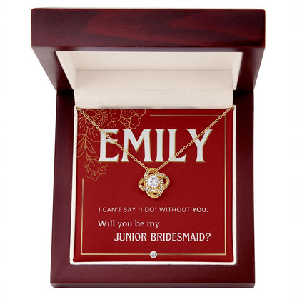 Junior Bridesmaid Proposal, Custom Name - Wedding Party Gift From Bride - Be My Jr. Bridesmaid Necklace - Red and Gold Wedding Theme