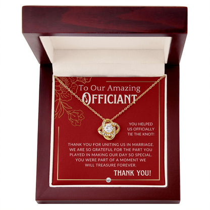 Gratitude and Appreciation - Elegant Knot Pendent Necklace - Gift For Female Wedding Officiant, Pastor - Red and Gold Theme - Liliana and Liam
