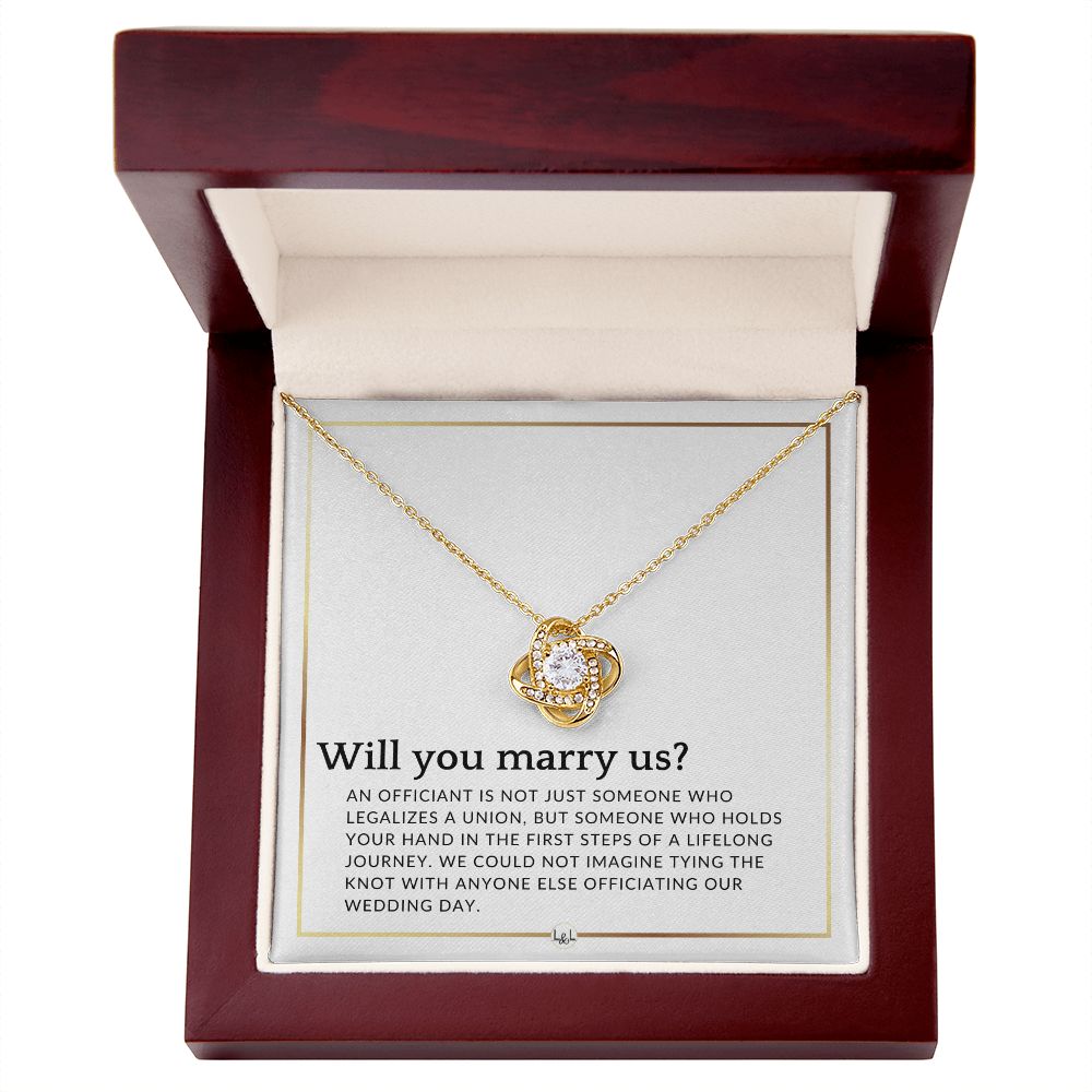 Wedding Officiant Proposal - For Female Officiant -  Will You Marry Us - Elegant White and Gold Wedding Theme
