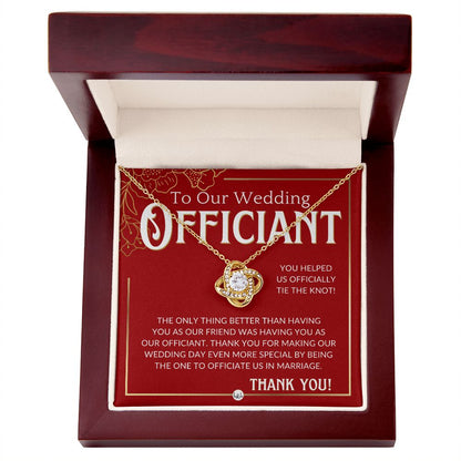 Thank You For Marrying Us - Elegant Knot Pendent Necklace - Gift For Female Wedding Officiant, Pastor - Red and Gold Theme - Liliana and Liam