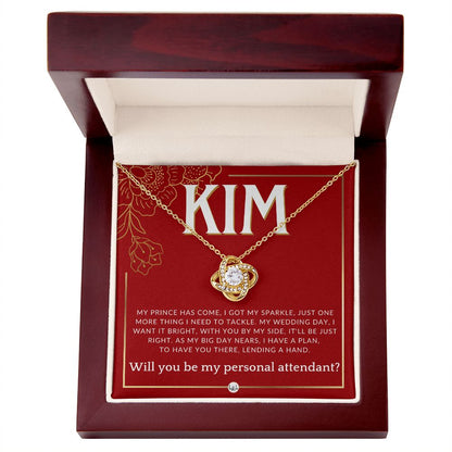 Wedding Personal Attendant Proposal, Custom Name - Wedding Helper - Wedding Party Gift Idea Necklace - Red and Gold Wedding Theme