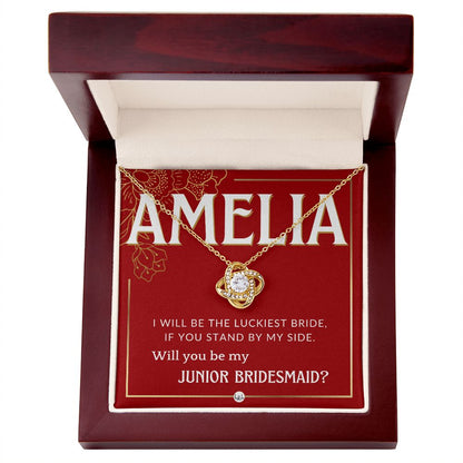Junior Bridesmaid Proposal, Custom Name - Great Wedding Party Gift From Bride - Be By My Side Necklace - Red and Gold Wedding Theme