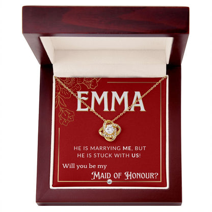 Maid of Honour Proposal, Custom Name - Be My Maid Of Honour - Wedding Party - Stuck with US Necklace - Red and Gold Wedding Theme