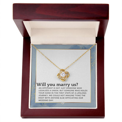 Wedding Officiant Proposal - Female Wedding Officiant, Pastor, Celebrants - Will You Marry Us , Dusty Blue And Gold Wedding Theme - Liliana and Liam