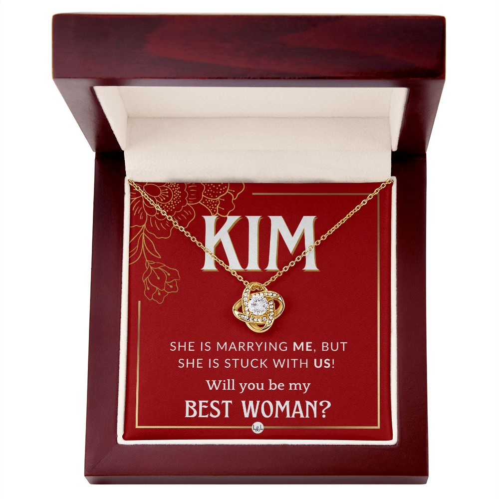 Best Woman Proposal, Custom Name - Wedding Party Necklace Gift From Groom - Be My Best Woman Necklace - Red and Gold Wedding Theme