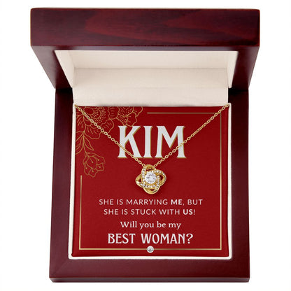 Best Woman Proposal, Custom Name - Wedding Party Necklace Gift From Groom - Be My Best Woman Necklace - Red and Gold Wedding Theme