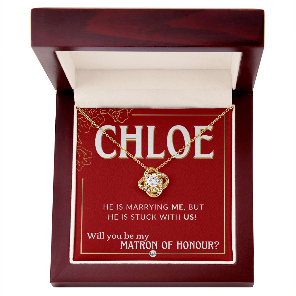 Matron of Honour Proposal Gift, Custom Name - Unique Be My MOH Gift From Bride - Stuck With Us Necklace - Red and Gold Wedding Theme