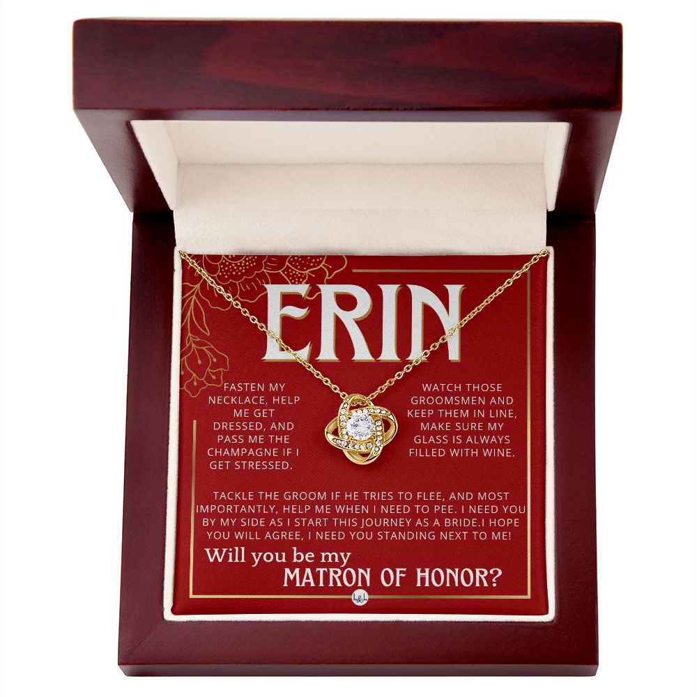 Matron of Honor Proposal Gift, Custom Name, Be My MOH Gift From Bride, Need You, Wedding Party Necklace - Red and Gold Wedding Theme